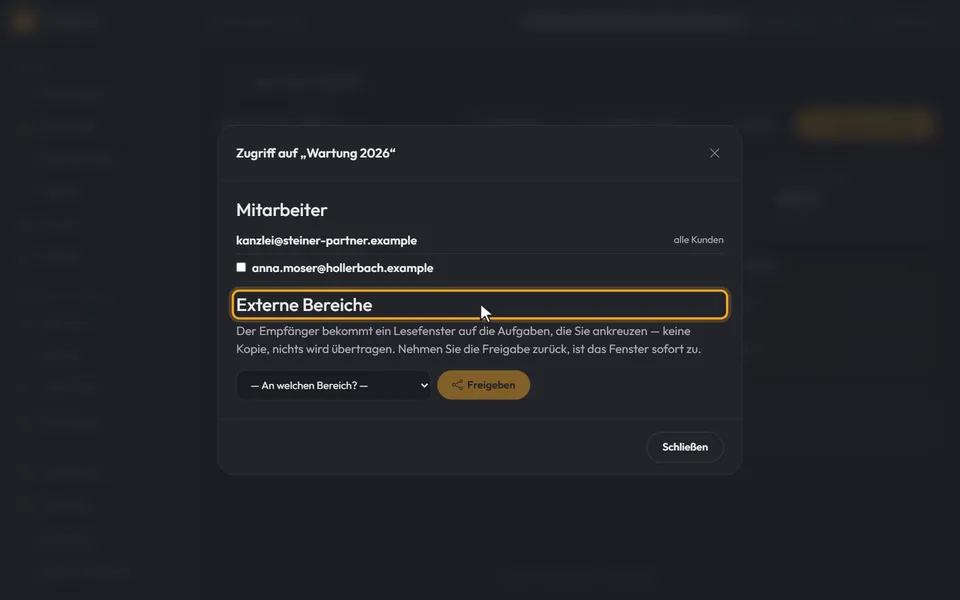 Der Dialog „Zugriff“ mit dem Abschnitt „Externe Bereiche“