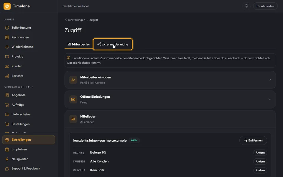 Der Kopf der Seite „Zugriff“ mit den Reitern „Mitarbeiter“ und „Externe Bereiche“