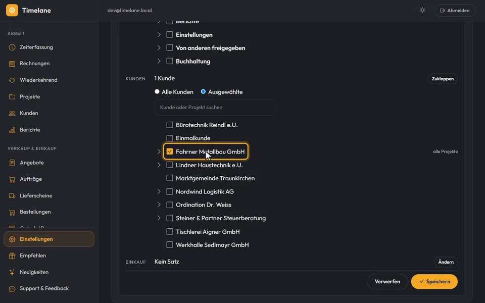 Die Auswahl „Ausgewählte“ mit einem angehakten Kunden