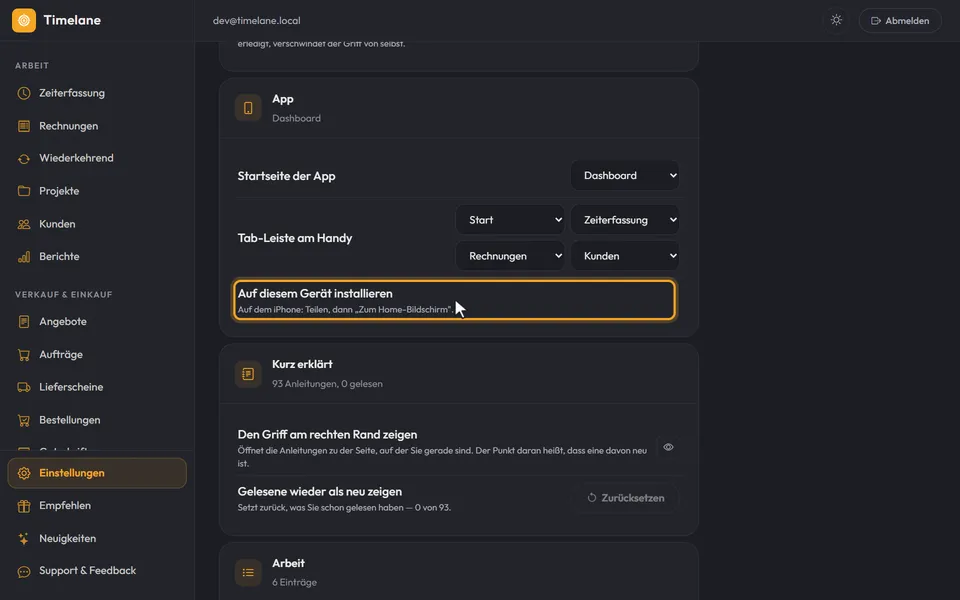 Der Abschnitt „App“ unter „Menü anpassen“