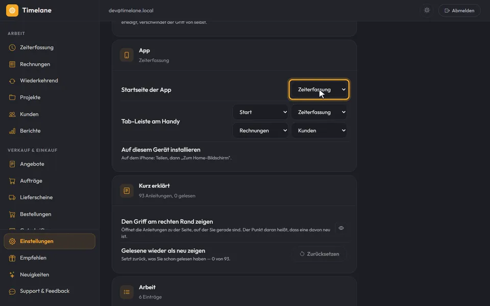 „Startseite der App“ steht auf „Zeiterfassung“