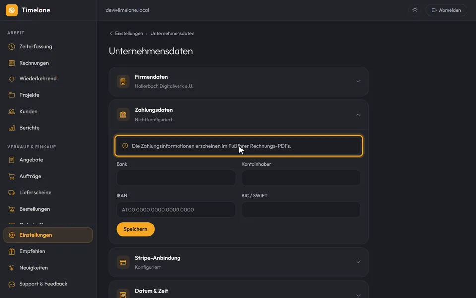 Der aufgeklappte Abschnitt „Zahlungsdaten“ mit der Hinweiszeile