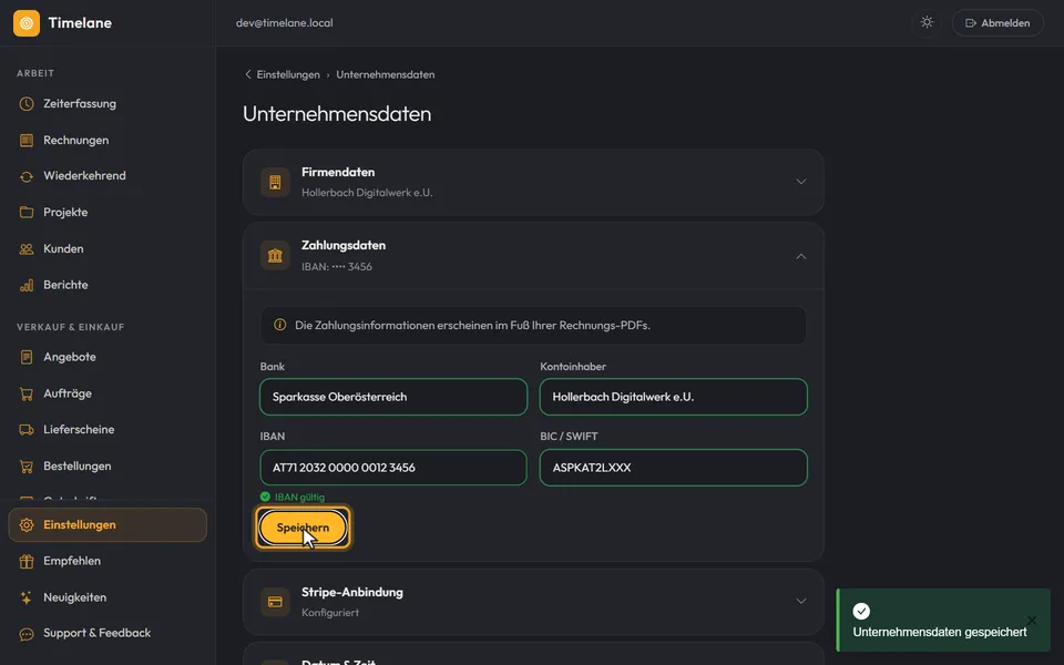 BIC eingetragen, die Meldung „Unternehmensdaten gespeichert“