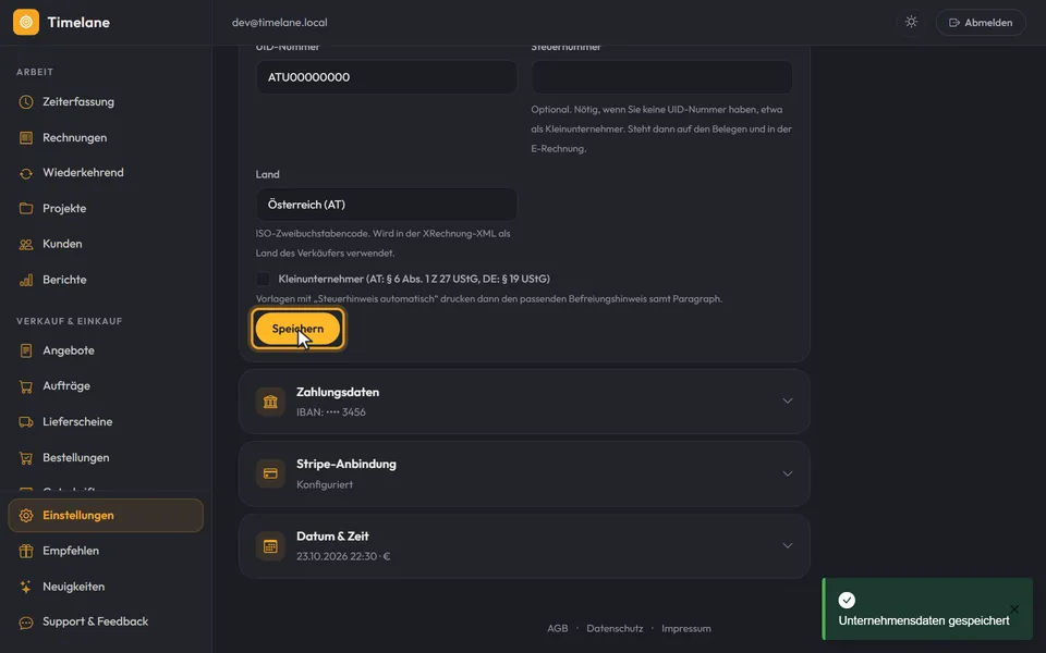 Die Meldung „Unternehmensdaten gespeichert“
