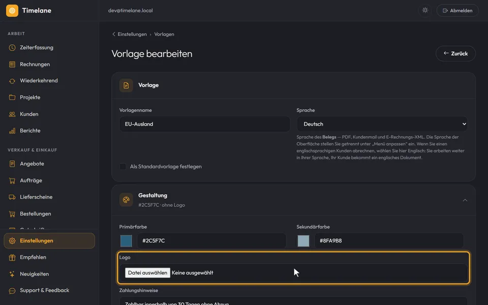 Der Abschnitt „Gestaltung“ mit dem Feld „Logo“