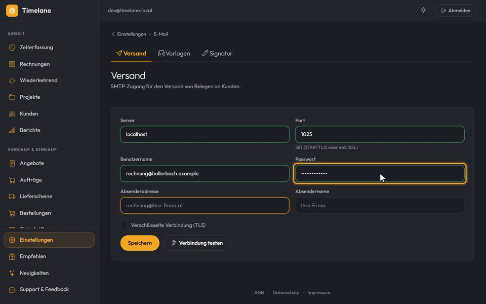 Server, Port, Benutzername und Passwort sind eingetragen
