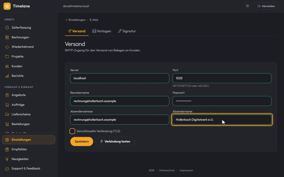 Absenderadresse und Absendername sind eingetragen