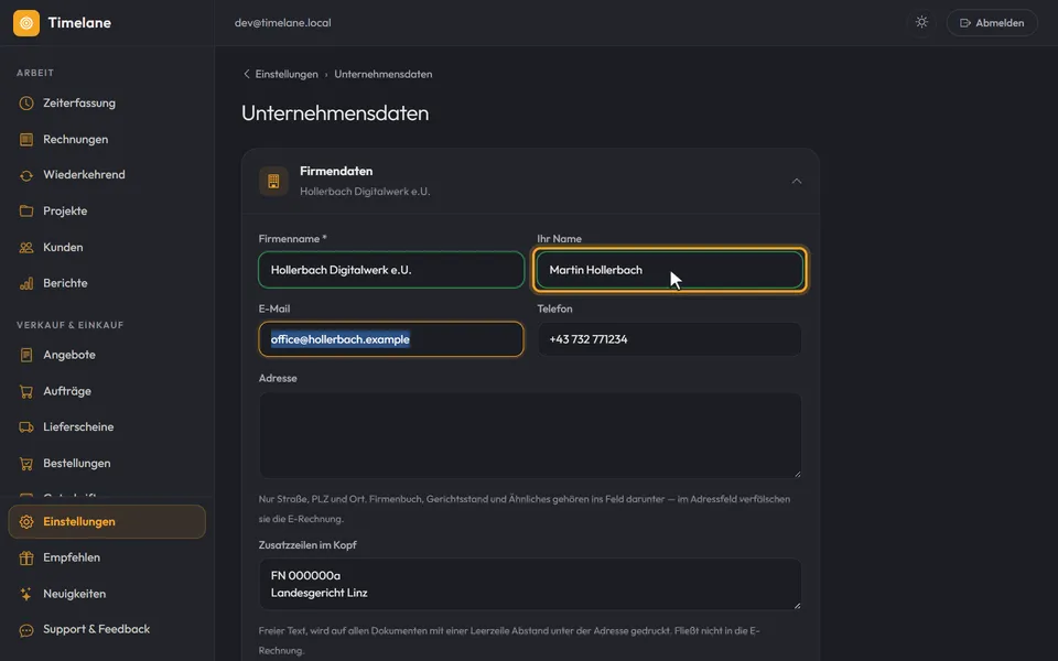 Firmenname und Ihr Name sind eingetragen