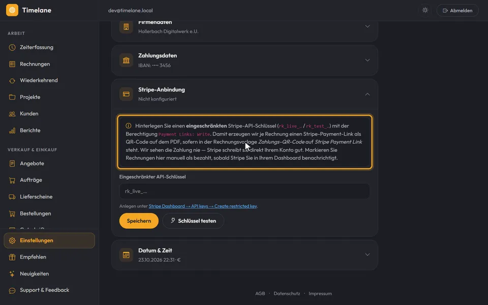 Der aufgeklappte Abschnitt „Stripe-Anbindung“ mit dem Hinweiskasten