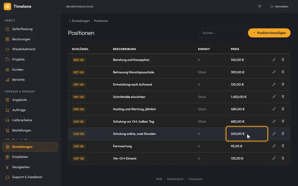 Einheit und Preis der neuen Position in der Liste
