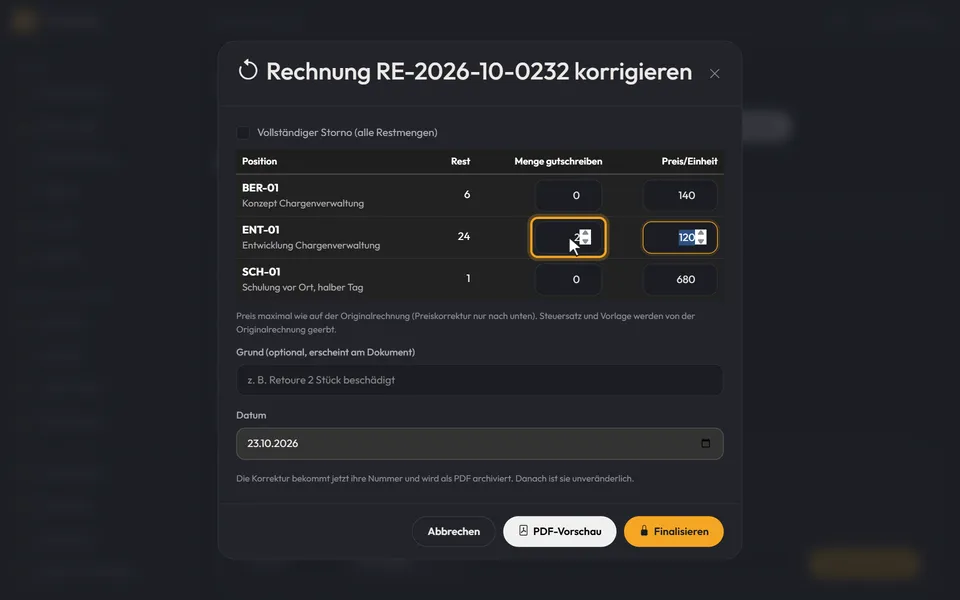 Die Positionen mit Restmenge, bei einer Position 2 unter „Menge gutschreiben“