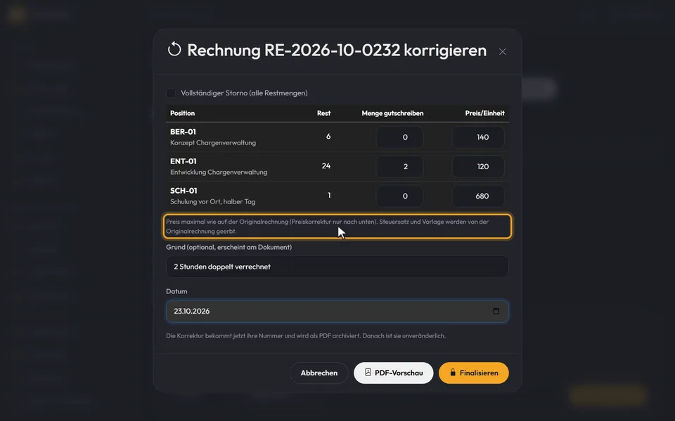 Der eingetragene Grund und der Hinweis unter der Tabelle