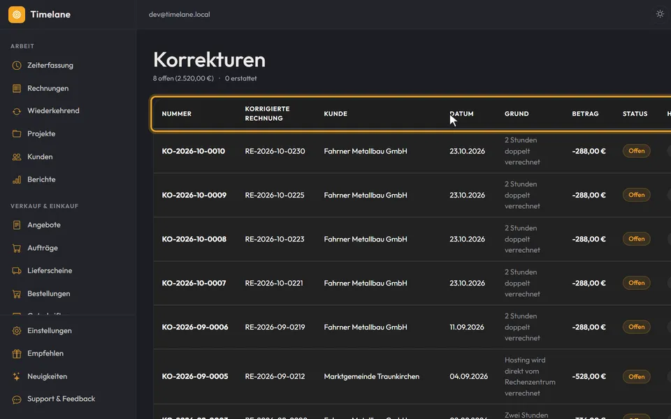 Die Seite „Korrekturen“ mit ihrer Tabelle