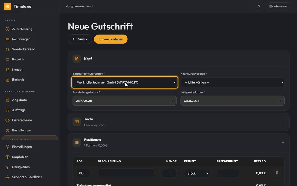 Das Formular „Neue Gutschrift“ mit dem gewählten Empfänger