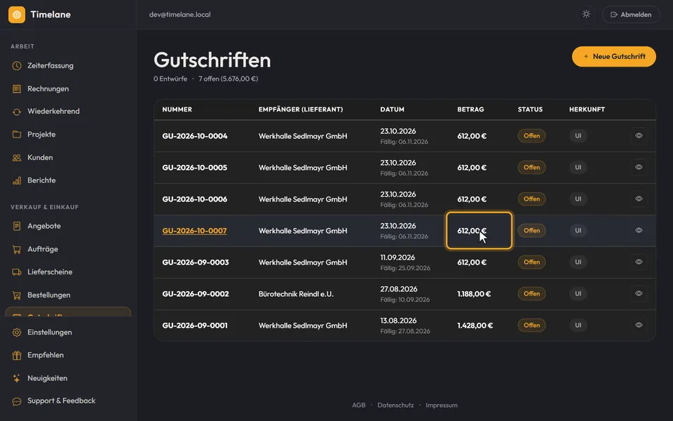 Mehrere Gutschriften mit Empfänger und Betrag