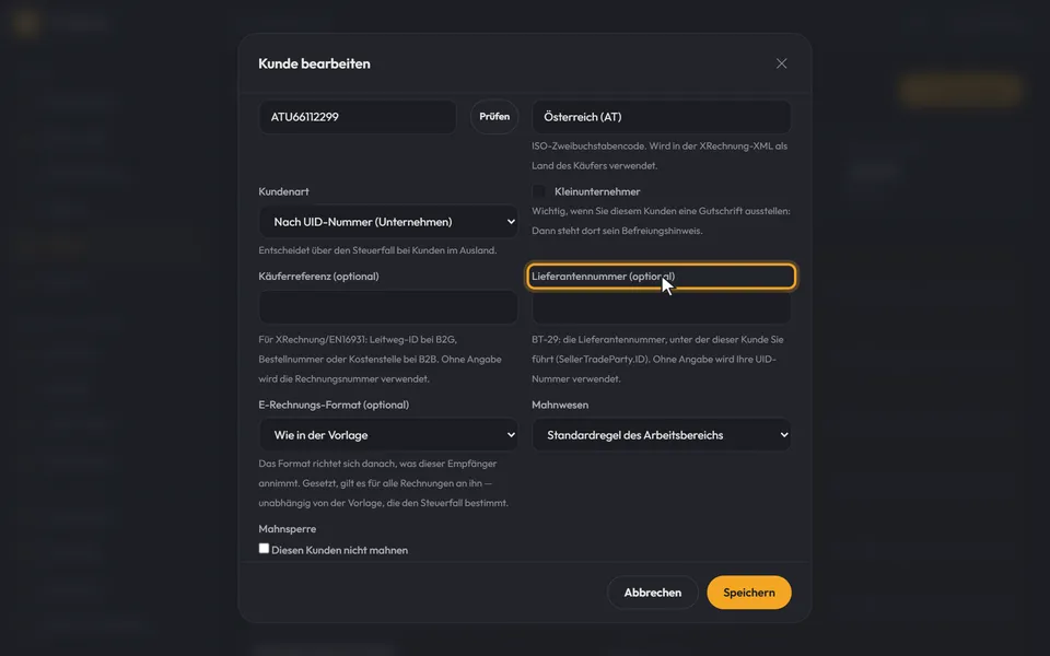 Die Felder „Käuferreferenz (optional)“ und „Lieferantennummer (optional)“