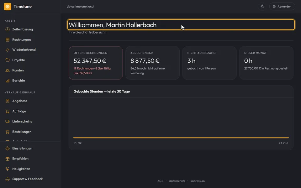 Der Kopf des Dashboards mit „Willkommen, Martin Hollerbach“