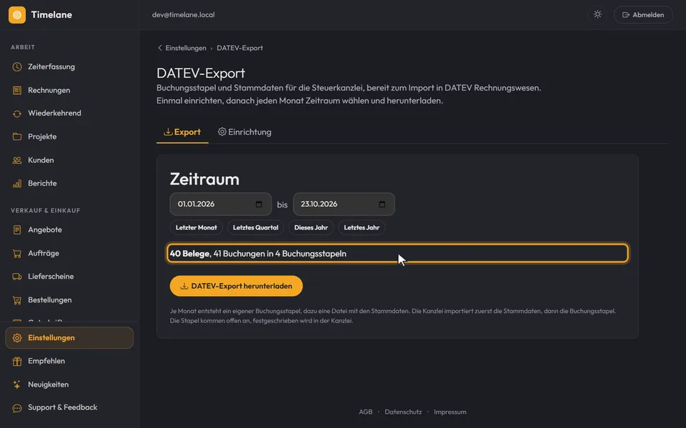 Der Reiter „Export“ mit Zeitraum und Zusammenfassung