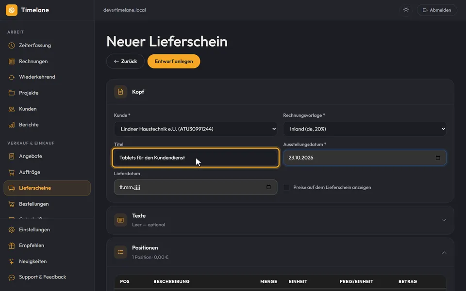 Der neue Lieferschein mit gewähltem Kunden und Titel