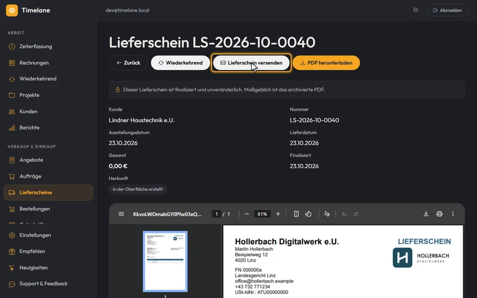 Der finalisierte Lieferschein mit Nummer und dem Knopf „PDF herunterladen“