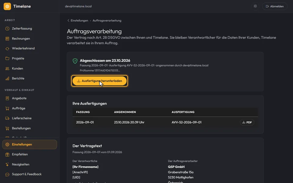 Der Knopf „Ausfertigung herunterladen“
