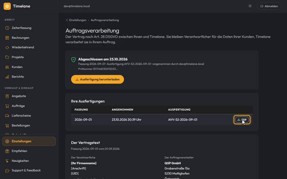 Die Tabelle „Ihre Ausfertigungen“ mit dem Knopf „PDF“
