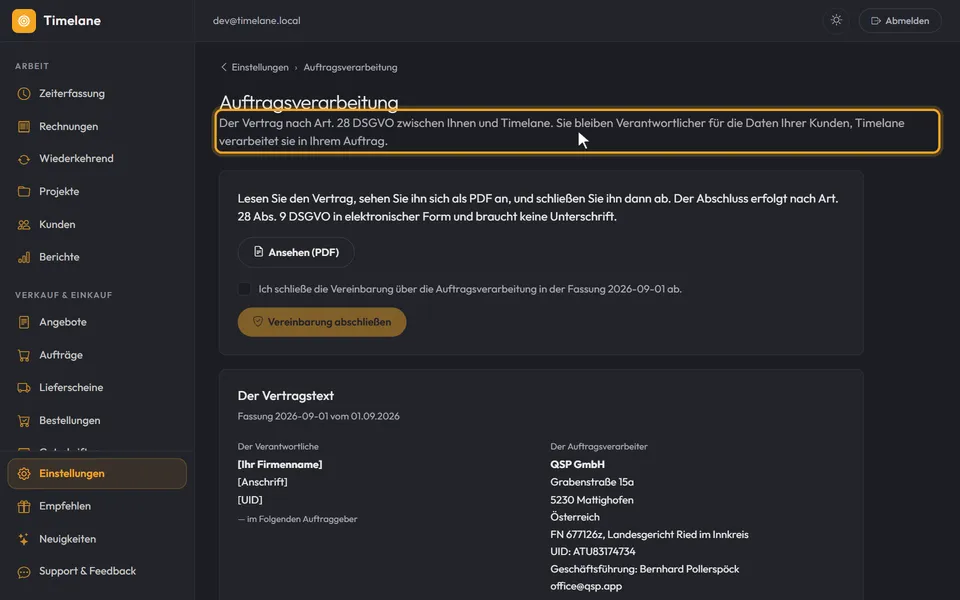 Der Kopf der Seite „Auftragsverarbeitung“ mit dem Untertitel