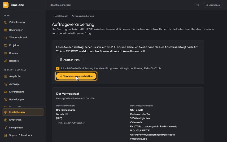 Das gesetzte Häkchen und der Knopf „Vereinbarung abschließen“