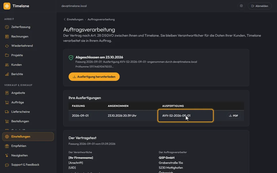 „Abgeschlossen am …“ und die Tabelle „Ihre Ausfertigungen“