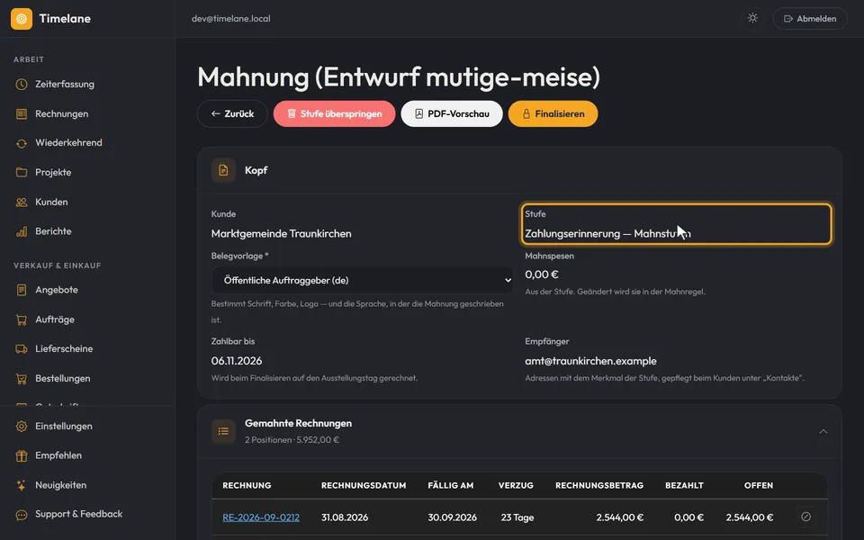Der Mahnungsentwurf mit dem Abschnitt „Kopf“