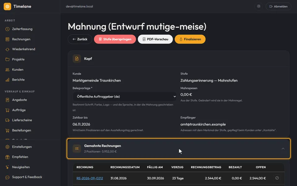 Der Abschnitt „Gemahnte Rechnungen“