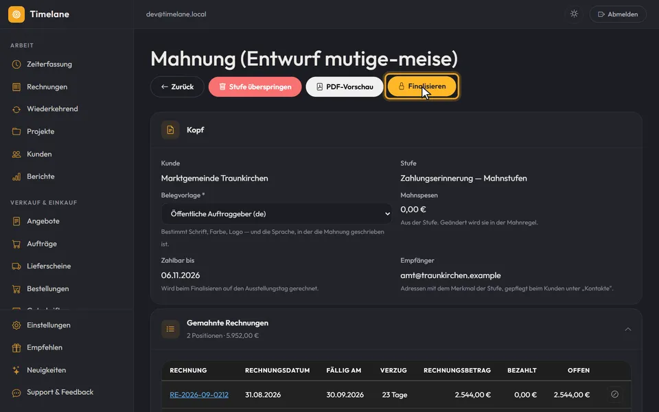 Die Knöpfe „Stufe überspringen“, „PDF-Vorschau“ und „Finalisieren“