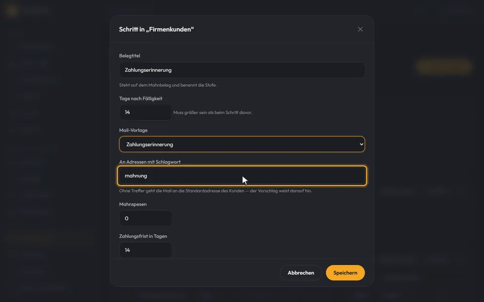 Der Dialog mit Belegtitel, Tagen, Mail-Vorlage und Schlagwort