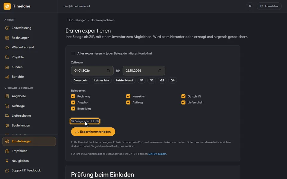 Die Zählzeile mit der Zahl der Belege und der ungefähren Größe