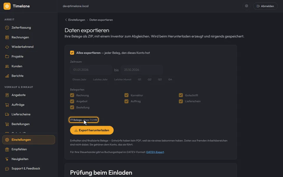 Das Häkchen „Alles exportieren“ ist wieder gesetzt