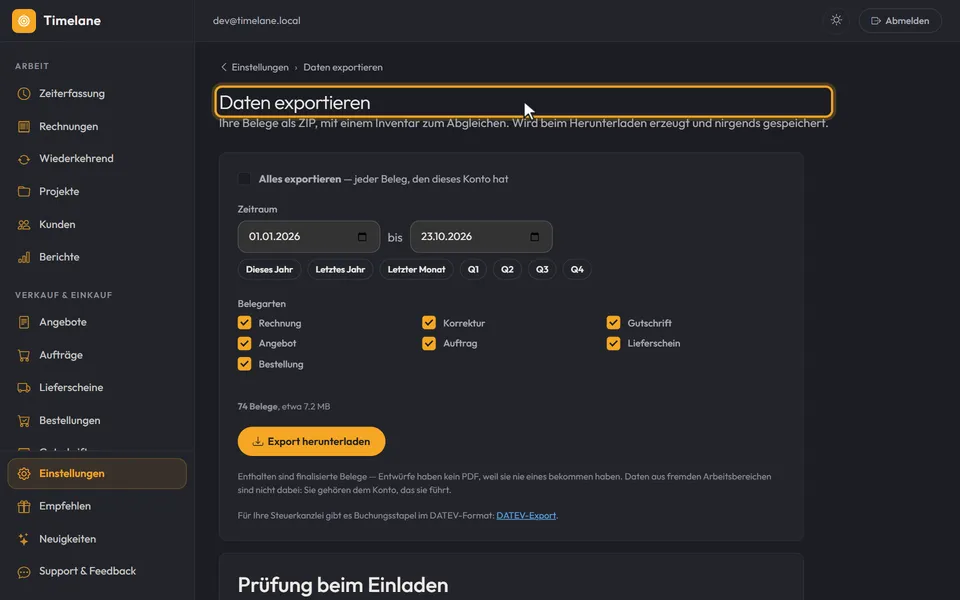 Der Kopf der Seite „Daten exportieren“
