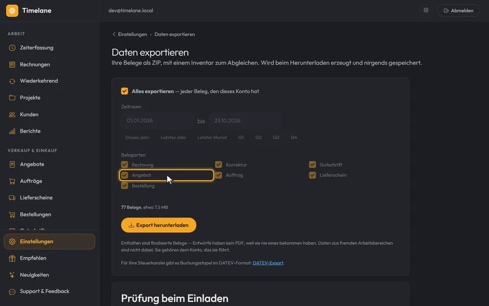 Das Häkchen „Alles exportieren“, darunter die blassen Felder