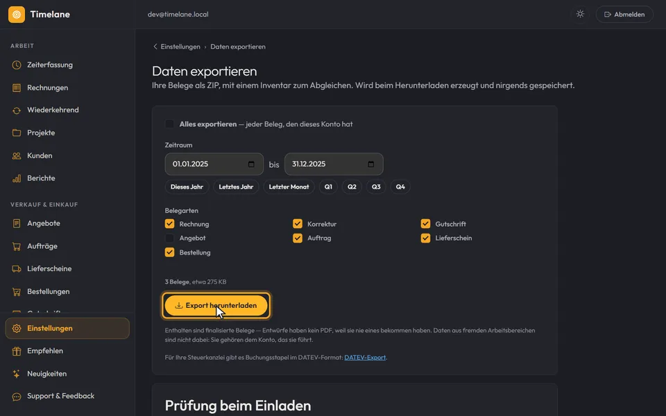 Die Zählzeile und der Knopf „Export herunterladen“