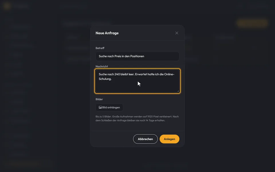 Der Dialog „Neue Anfrage“ mit Betreff und Nachricht