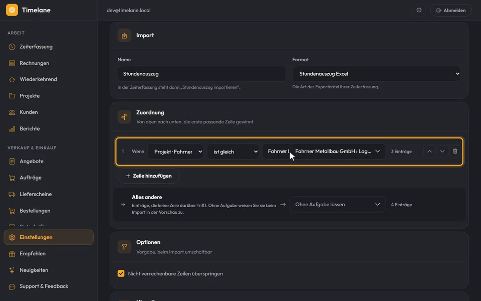 Eine neue Zeile der Zuordnung mit ihrer Aufgabe