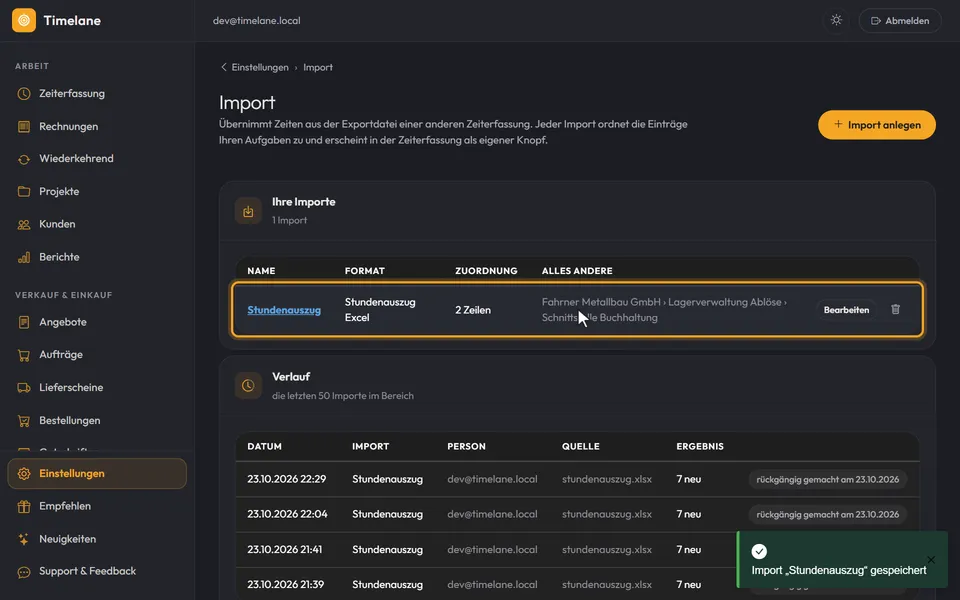 Der neue Import in der Liste
