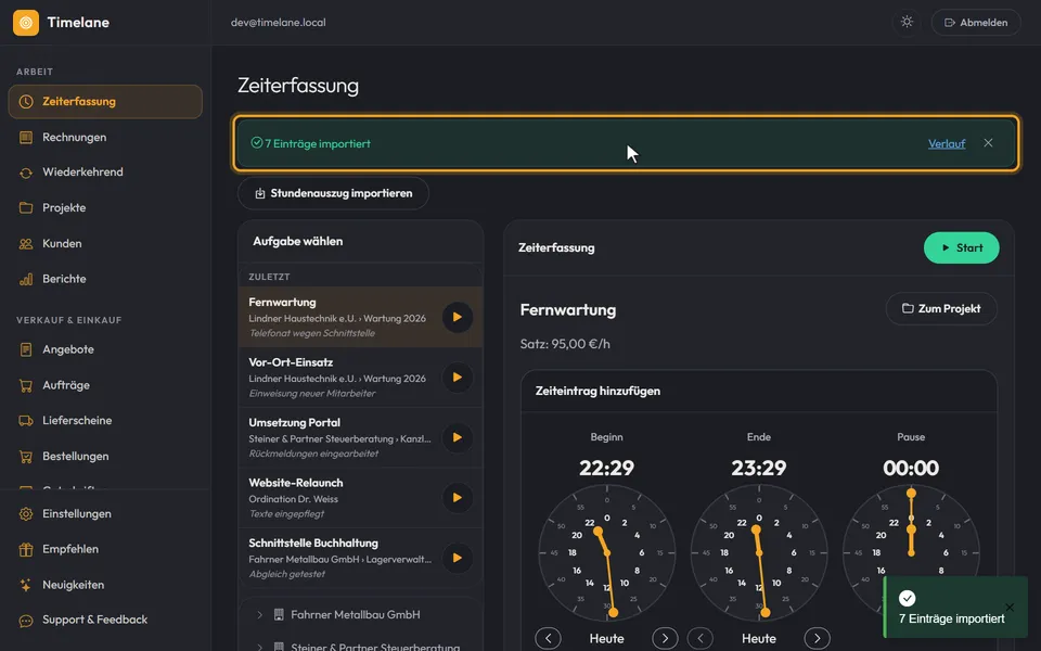 Die Erfolgsmeldung über der Zeiterfassung