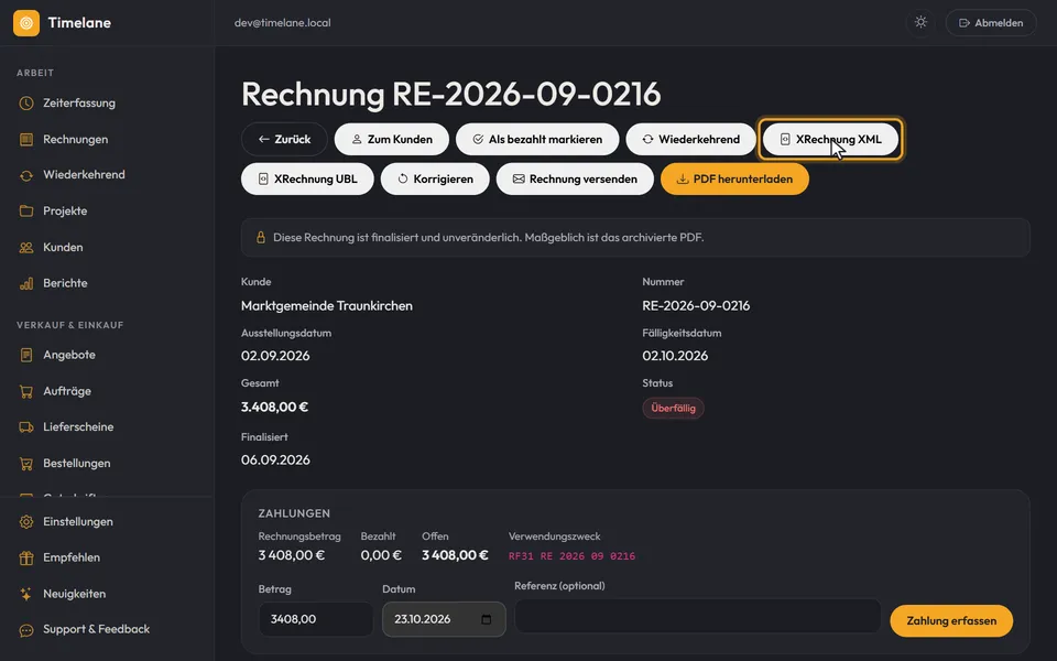Der Knopf „XRechnung XML“ im Kopf der Rechnung