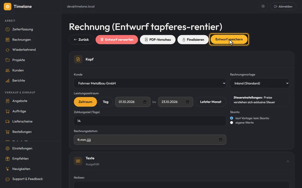 Das Entwurfsformular mit den Knöpfen „Entwurf verwerfen“, „PDF-Vorschau“, „Finalisieren“ und „Entwurf speichern“