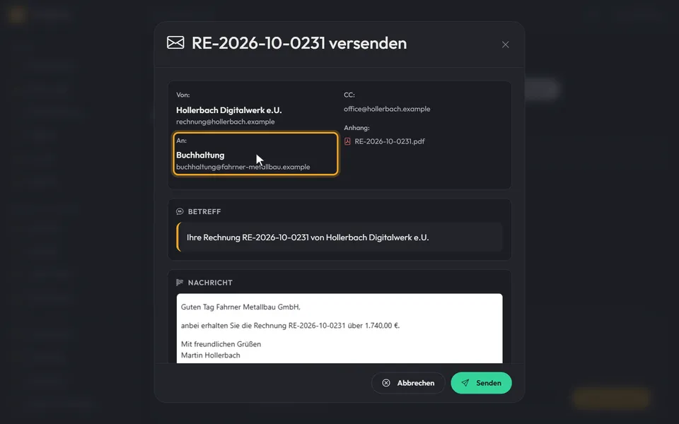 Das Fenster „… versenden“ mit den Feldern „Von:“ und „An:“