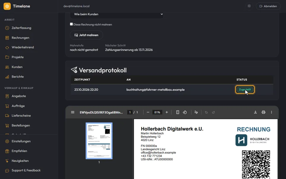 „Versendet am …“ im Kopf und das Versandprotokoll mit „Zugestellt“