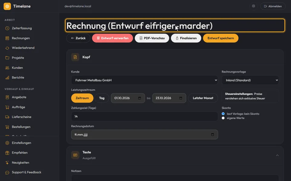 Die Überschrift „Rechnung (Entwurf …)“
