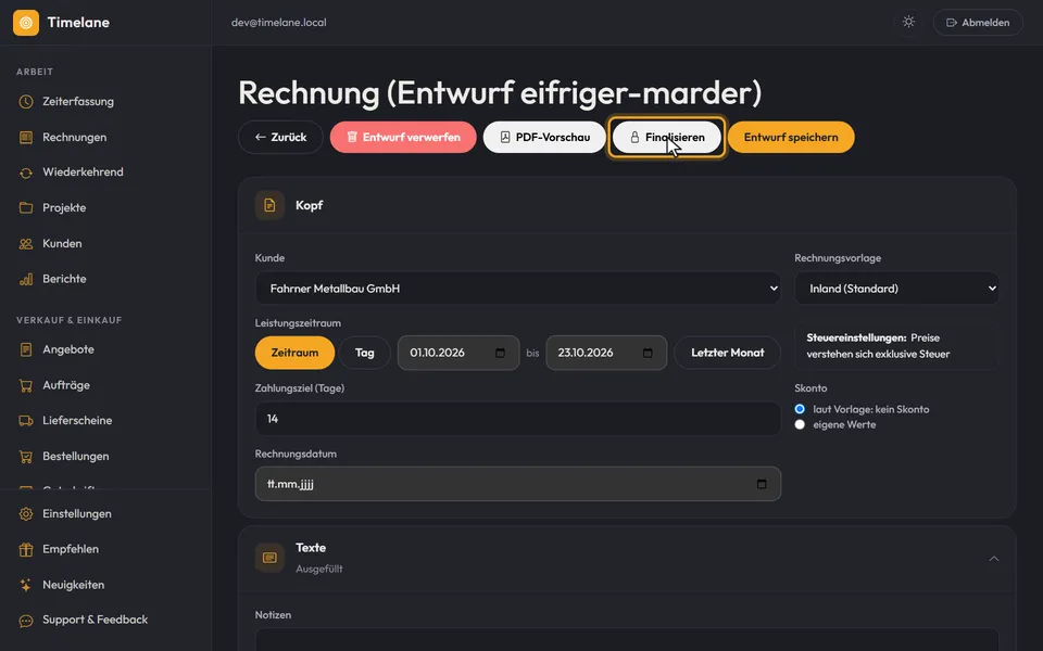 Der Knopf „Finalisieren“