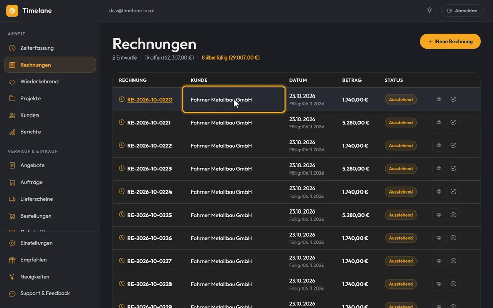 Die Spalten „Rechnung“ und „Kunde“ einer Zeile