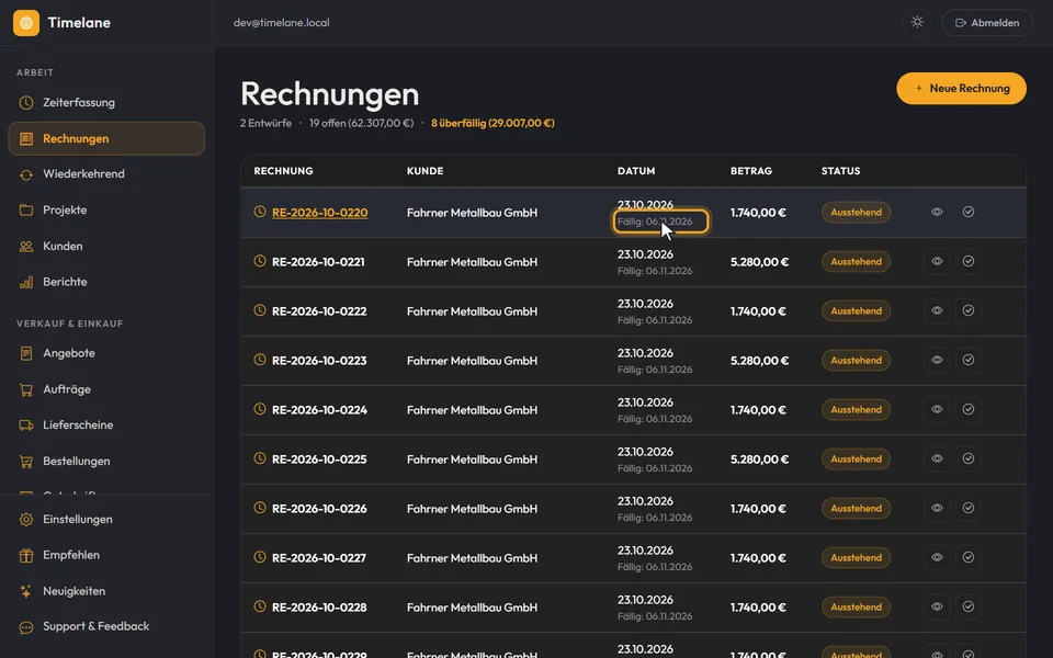 Das Rechnungsdatum mit „Fällig:“ darunter
